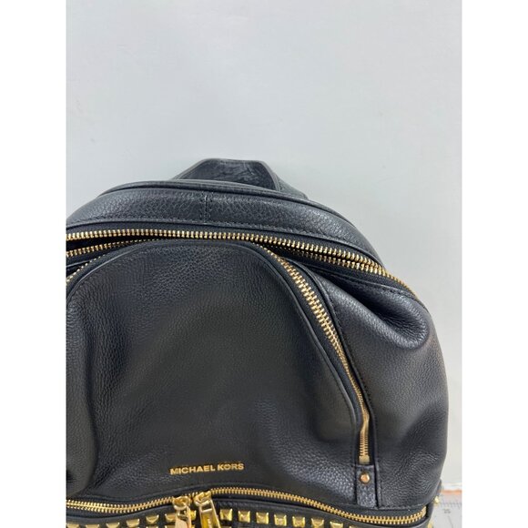 Michael Kors Black Leather Studded Rhea Zip Backpack Gold Hardware - Picture 2 of 11